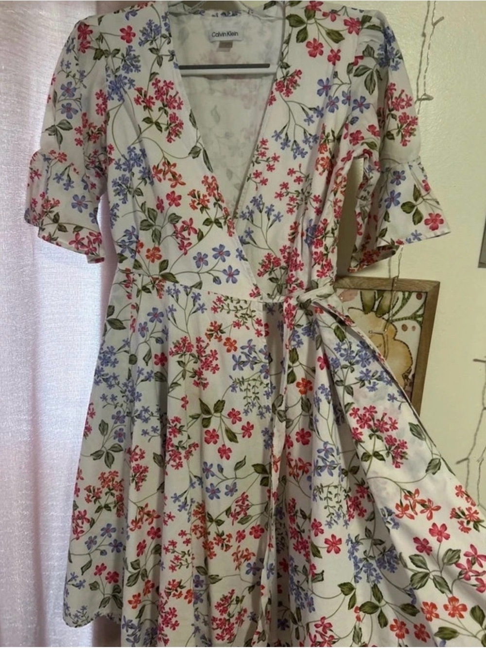 Calvin Klein White Floral Wrap Dress with Pink, Blue and Green Accents